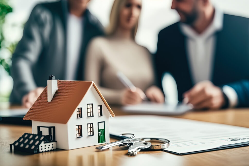 miniature model of a house on a desk with keys and mortgage documents