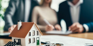 miniature model of a house on a desk with keys and mortgage documents